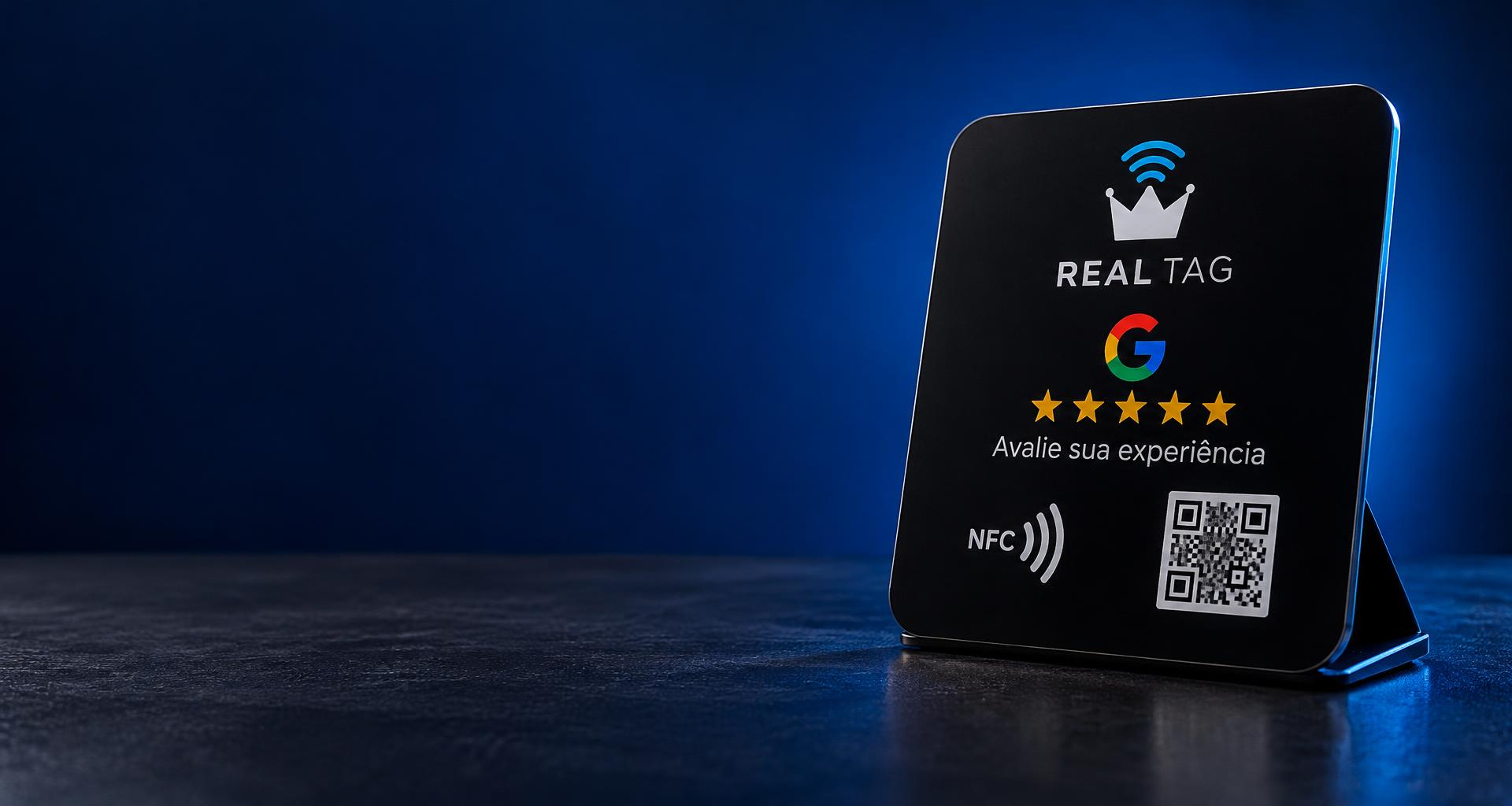 Conceito de plaquinha REAL TAG para avaliações no Google, com NFC e QR Code